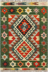 Flat Weave Kilim Antique Navaho Vintage handmade Geometric Kilim Rust Green Hand-Woven Rectangle 100% Wool Area Rug 2x3